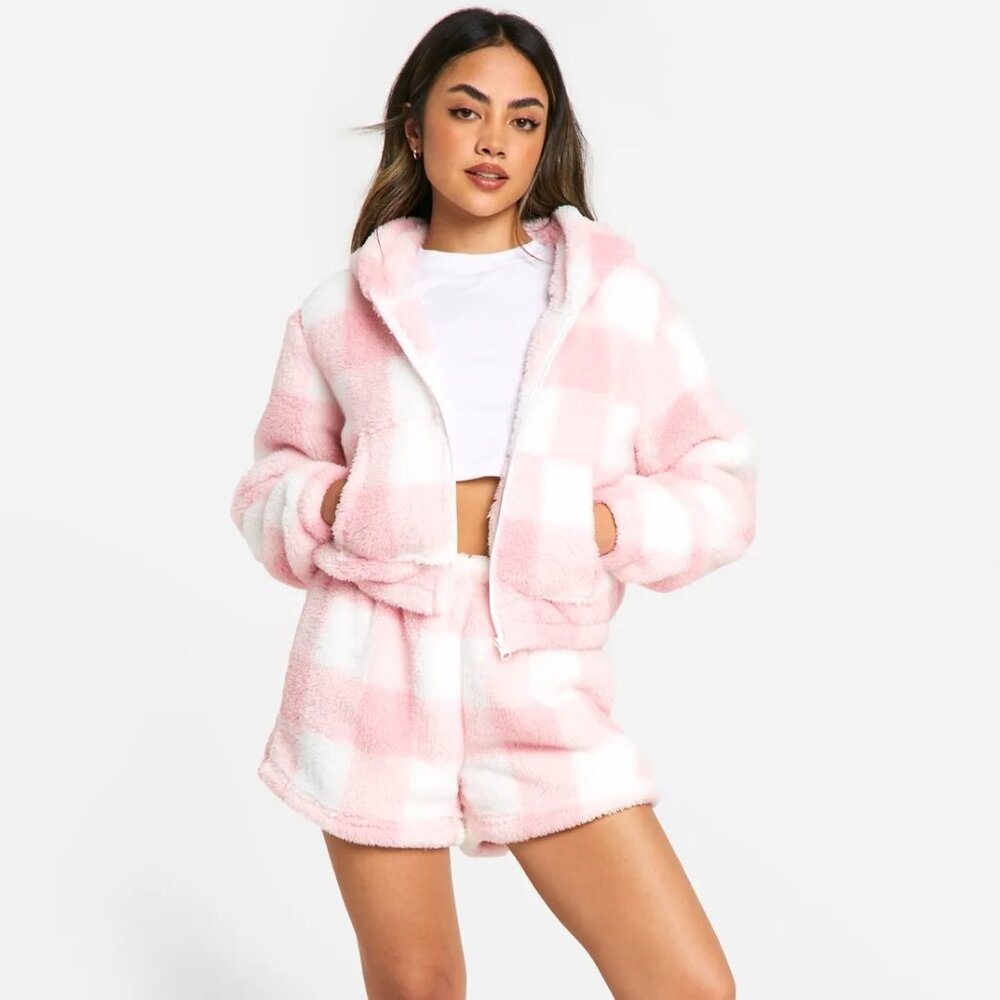 New Boohoo Pink and White Sherpa Teddy Fleece Checkered Zip Jacket Hoodie ONLY